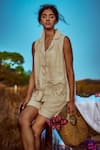 Shop_Linen Bloom_Beige Linen Cut Work, Embroidery Collared, V-neck Cutwork Shirt _at_Aza_Fashions