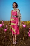 Buy_Linen Bloom_Fuchsia Linen Applique, Embroidery Square Neck Palm Leaf Dress _at_Aza_Fashions