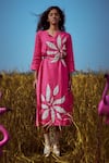 Buy_Linen Bloom_Fuchsia Linen Applique, Embroidery Split V-neck Floral Work Dress _at_Aza_Fashions