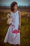 Shop_Linen Bloom_White Linen Applique, Embroidery, Foil Printing Round Neck Flamingo Dress _at_Aza_Fashions