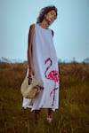 Buy_Linen Bloom_White Linen Applique, Embroidery, Foil Printing Round Neck Flamingo Dress _at_Aza_Fashions