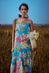 Linen Bloom_Blue Linen Square Neck Floral Print Dress _Online_at_Aza_Fashions