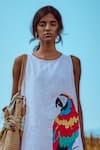Shop Linen Bloom White Linen Embroidery Round Neck Macaw Dress at Aza Fashions Shop_Linen Bloom_White Linen Embroidery Round Neck Macaw Dress _at_Aza_Fashions