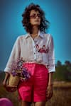 Shop_Linen Bloom_White Linen Embroidery Collared Flamingo Shirt _at_Aza_Fashions