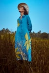 Buy_Linen Bloom_Blue Linen Applique, Embroidery Collared, Button-down Neck Floral Dress _at_Aza_Fashions