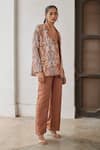 Betrue_Brown Silk, Twill Embroidery V-neck Lily Jacket _Online_at_Aza_Fashions