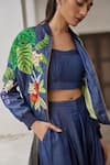 Betrue_Navy Denim, Tencel Embroidery, Sequins, Beads Round Neck Buda Jacket _at_Aza_Fashions