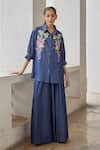 Shop_Betrue_Blue Cotton, Tencel Embroidery Collared Denim Bouquet Shirt _at_Aza_Fashions