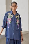 Buy_Betrue_Blue Cotton, Tencel Embroidery Collared Denim Bouquet Shirt _at_Aza_Fashions