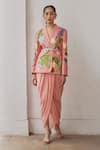 Betrue_Peach Lurex, Cotton Embroidery V-neck Peony Jacket _Online_at_Aza_Fashions