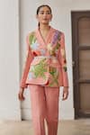 Buy_Betrue_Peach Lurex, Cotton Embroidery V-neck Peony Jacket _at_Aza_Fashions