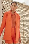Betrue_Orange Linen Open Neck Rust Peony Jacket _Online_at_Aza_Fashions