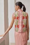 Betrue_Peach Cotton, Linen Embroidery, Metallic Thread, Beads V-neck, Garden Waistcoat _Online_at_Aza_Fashions