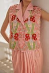 Buy_Betrue_Peach Cotton, Linen Embroidery, Metallic Thread, Beads V-neck, Garden Waistcoat _Online_at_Aza_Fashions