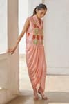 Buy_Betrue_Peach Cotton, Linen Embroidery, Metallic Thread, Beads V-neck, Garden Waistcoat _at_Aza_Fashions