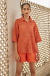 Betrue_Orange Cotton Collared Rust Crochet Shirt _Online_at_Aza_Fashions