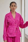 Betrue_Pink Linen, Cotton V-neck Safari Jacket And Pant Set _Online_at_Aza_Fashions