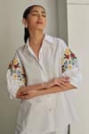Betrue_White Cotton Embroidery Collared, V-neck Bouquet Floral Hand Shirt _Online_at_Aza_Fashions