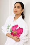 Betrue_White Cotton Embroidery, Beads Collared Pink Poppy Shirt _at_Aza_Fashions