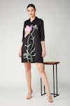 Buy_Betrue_Black Cotton Embroidery, Sequins Collared, V-neck Pink Poppy Shirt Dress _at_Aza_Fashions