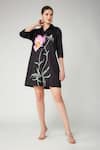 Betrue_Black Cotton Embroidery, Sequins Collared, V-neck Pink Poppy Shirt Dress _Online_at_Aza_Fashions