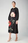 Betrue_Black Cotton Embroidery, Sequins, Beads Round Neck, Peach Floral A Line Dress _at_Aza_Fashions