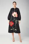 Buy_Betrue_Black Cotton Embroidery, Sequins, Beads Round Neck, Peach Floral A Line Dress _at_Aza_Fashions