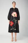 Buy_Betrue_Black Cotton Embroidery, Sequins, Beads Round Neck, Peach Floral A Line Dress 