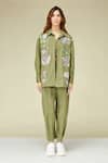 Shop_Betrue_Green Cotton Embroidery Collared Floral Khaki Shirt _at_Aza_Fashions