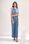 Buy_Elarra By Pratyancha_Blue Denim Collared, V-neck Rugged Waistcoat And Pant Set _at_Aza_Fashions