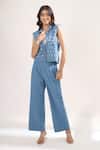 Shop_Elarra By Pratyancha_Blue Denim Collared, V-neck Rugged Waistcoat And Pant Set _Online_at_Aza_Fashions