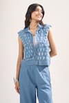 Elarra By Pratyancha_Blue Denim Collared, V-neck Rugged Waistcoat And Pant Set _at_Aza_Fashions