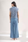 Shop_Elarra By Pratyancha_Blue Denim Collared, V-neck Rugged Checkered Waistcoat And Pant Set _at_Aza_Fashions