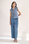 Buy_Elarra By Pratyancha_Blue Denim Collared, V-neck Rugged Checkered Waistcoat And Pant Set _at_Aza_Fashions