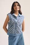 Shop_Elarra By Pratyancha_Blue Denim Collared, V-neck Rugged Checkered Waistcoat And Pant Set _Online_at_Aza_Fashions
