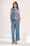 Elarra By Pratyancha_Blue Denim Collared, V-neck Rugged Checkered Waistcoat And Pant Set _at_Aza_Fashions