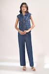 Buy_Elarra By Pratyancha_Teal Denim Collared, V-neck Rugged Waistcoat And Pant Set _at_Aza_Fashions
