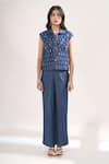 Elarra By Pratyancha_Teal Denim Collared, V-neck Rugged Waistcoat And Pant Set _Online_at_Aza_Fashions