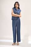 Buy_Elarra By Pratyancha_Teal Denim Collared, V-neck Rugged Waistcoat And Pant Set _Online_at_Aza_Fashions