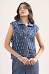 Elarra By Pratyancha_Teal Denim Collared, V-neck Rugged Waistcoat And Pant Set _at_Aza_Fashions