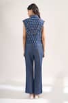 Shop_Elarra By Pratyancha_Teal Denim Collared, V-neck Rugged Waistcoat And Pant Set _at_Aza_Fashions