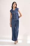 Buy_Elarra By Pratyancha_Blue Denim Embroidery Collared, V-neck Criss Cross Rugged Waistcoat And Pant Set _at_Aza_Fashions
