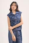 Elarra By Pratyancha_Blue Denim Embroidery Collared, V-neck Criss Cross Rugged Waistcoat And Pant Set _Online_at_Aza_Fashions