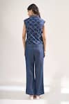 Shop_Elarra By Pratyancha_Blue Denim Embroidery Collared, V-neck Criss Cross Rugged Waistcoat And Pant Set _at_Aza_Fashions