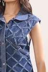 Shop_Elarra By Pratyancha_Blue Denim Embroidery Collared, V-neck Criss Cross Rugged Waistcoat And Pant Set _Online_at_Aza_Fashions