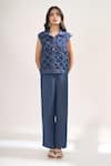 Elarra By Pratyancha_Blue Denim Embroidery Collared, V-neck Criss Cross Rugged Waistcoat And Pant Set _at_Aza_Fashions