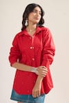 Buy_Elarra By Pratyancha_Red Denim Beads Collared, V-neck Embellished Full Sleeve Shirt _at_Aza_Fashions