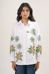 Buy_Elarra By Pratyancha_White Poplin Embroidery, Sequins, Applique Collared Palm Tree And Butterfly Shirt _Online_at_Aza_Fashions