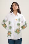 Buy_Elarra By Pratyancha_White Poplin Embroidery, Sequins, Applique Collared Palm Tree And Butterfly Shirt _at_Aza_Fashions