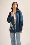 Buy_Elarra By Pratyancha_Navy Poplin Embroidery, Studs Collared, V-neck Swan And Jungle Print Shirt _at_Aza_Fashions